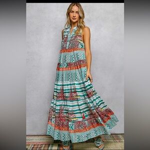646. V-neck cotton coral Aztec print maxi dress